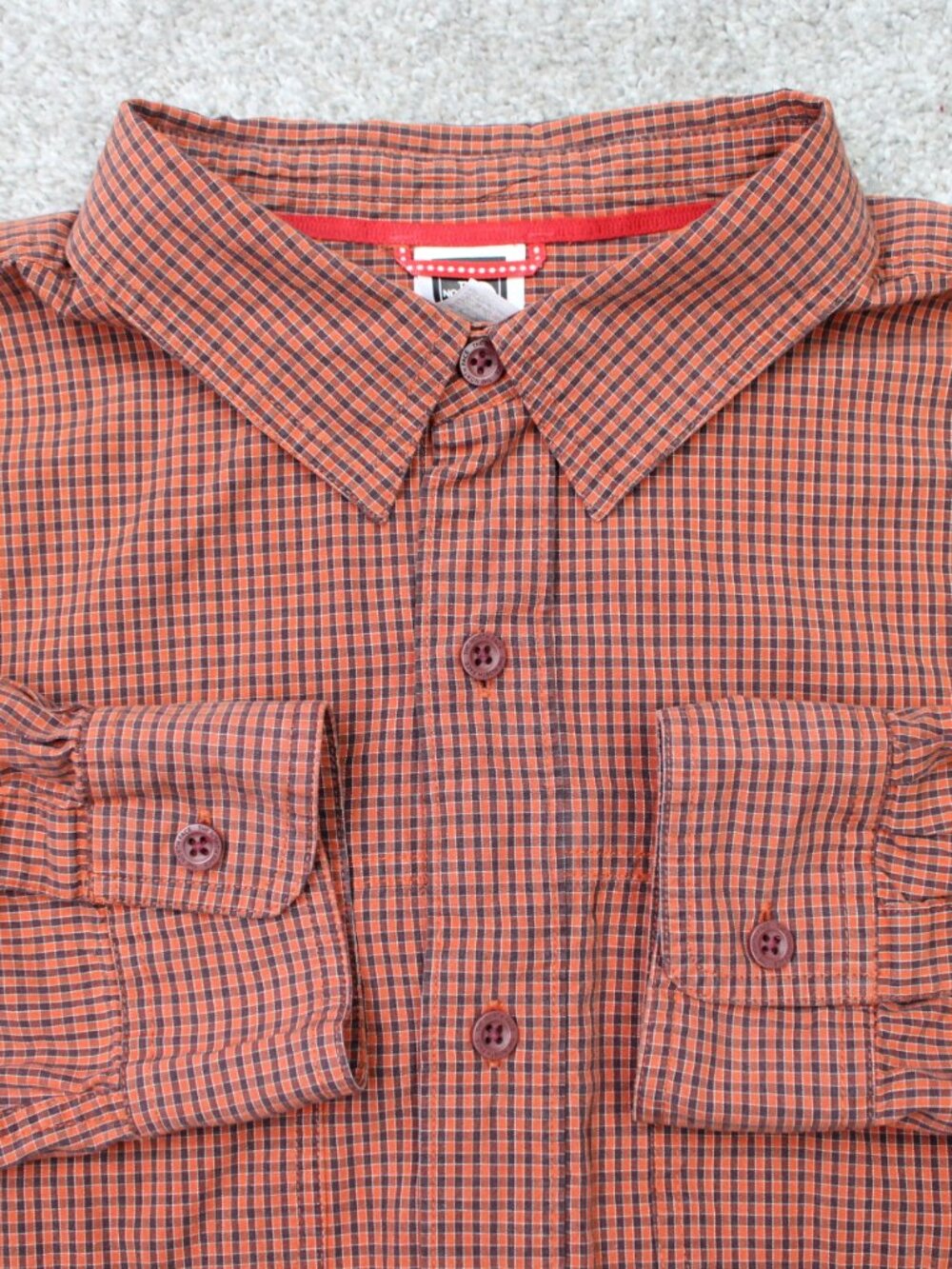 The North Face Shirt Mens XL Orange/Black Check Double Pocket Cotton Long Sleeve